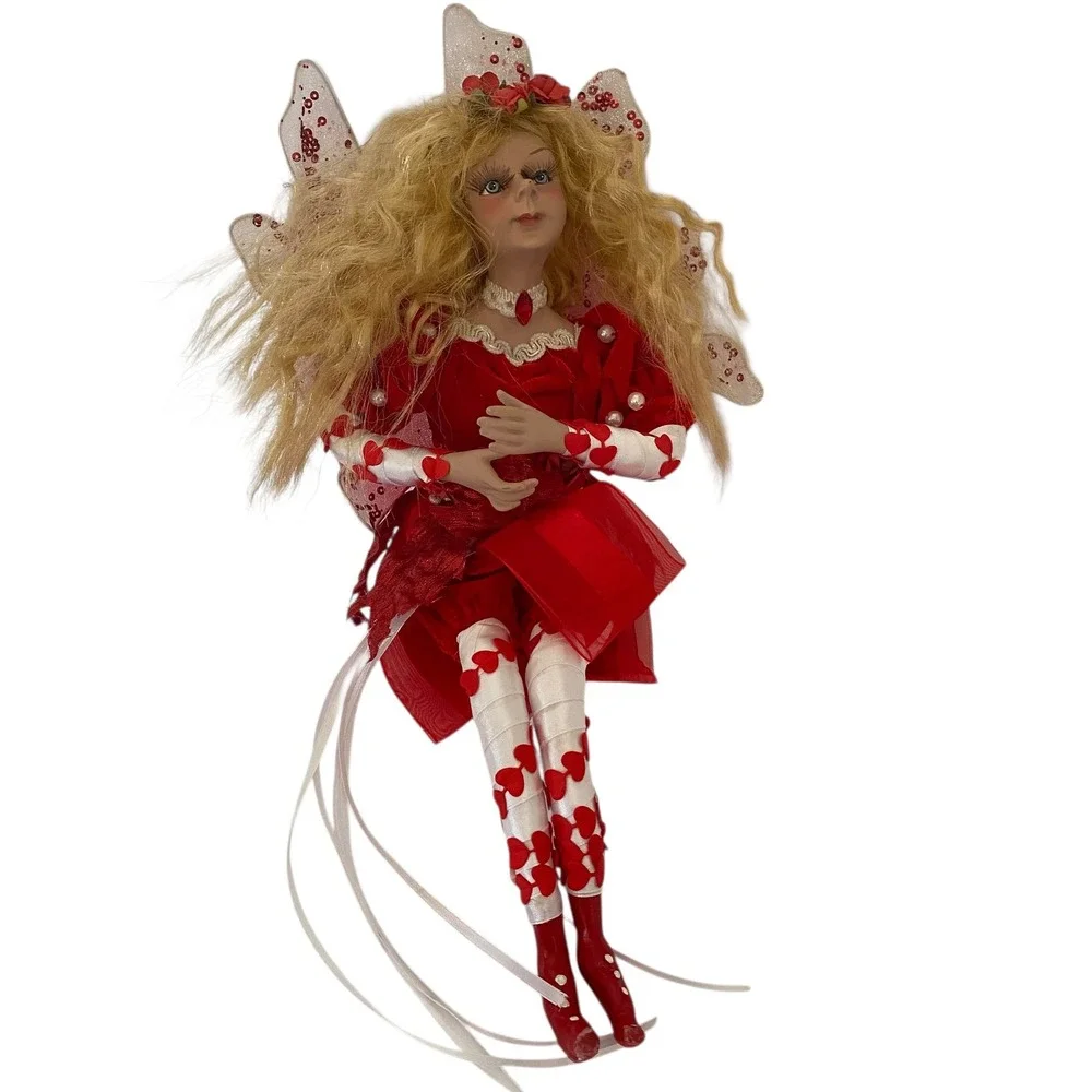 Vintage‎ Whimsical Red Valentine Fairy Doll Elf Heart Figurine Sequin Wings 9